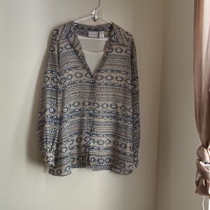 Alfred Dunner Blouse Women 18W Blue,Tan and White Graphic Academia Office Casual